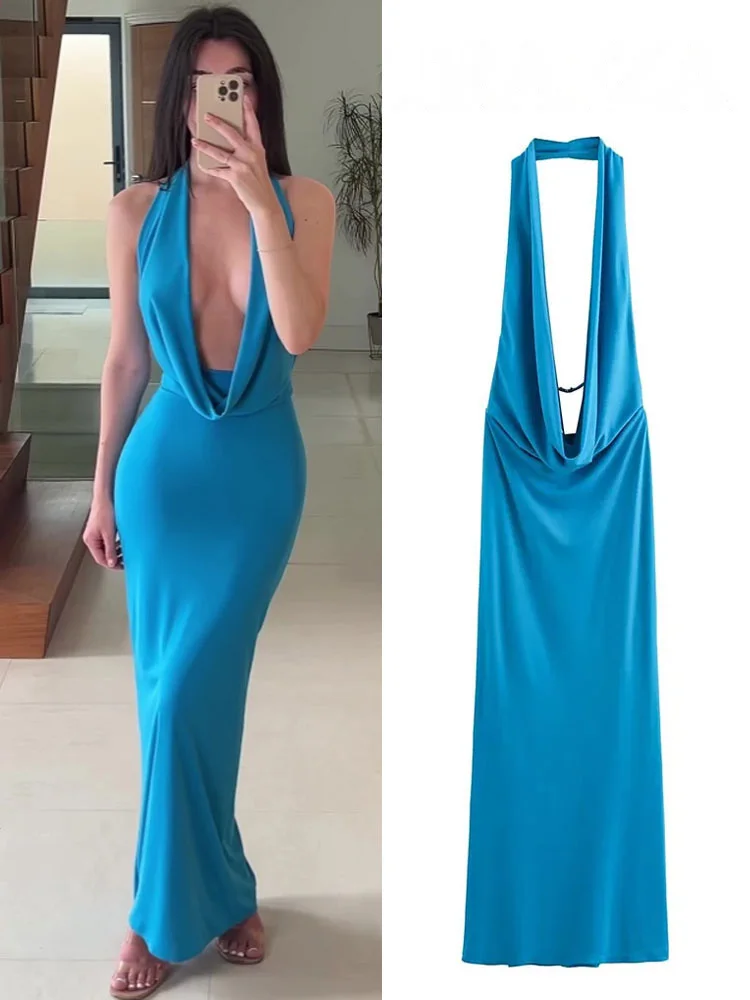 

HH Female Chic Elegant Off Shoulder Folds Hanging Neck Long Dress Woman Solid Sleeveless Backless Evening Party Dresses