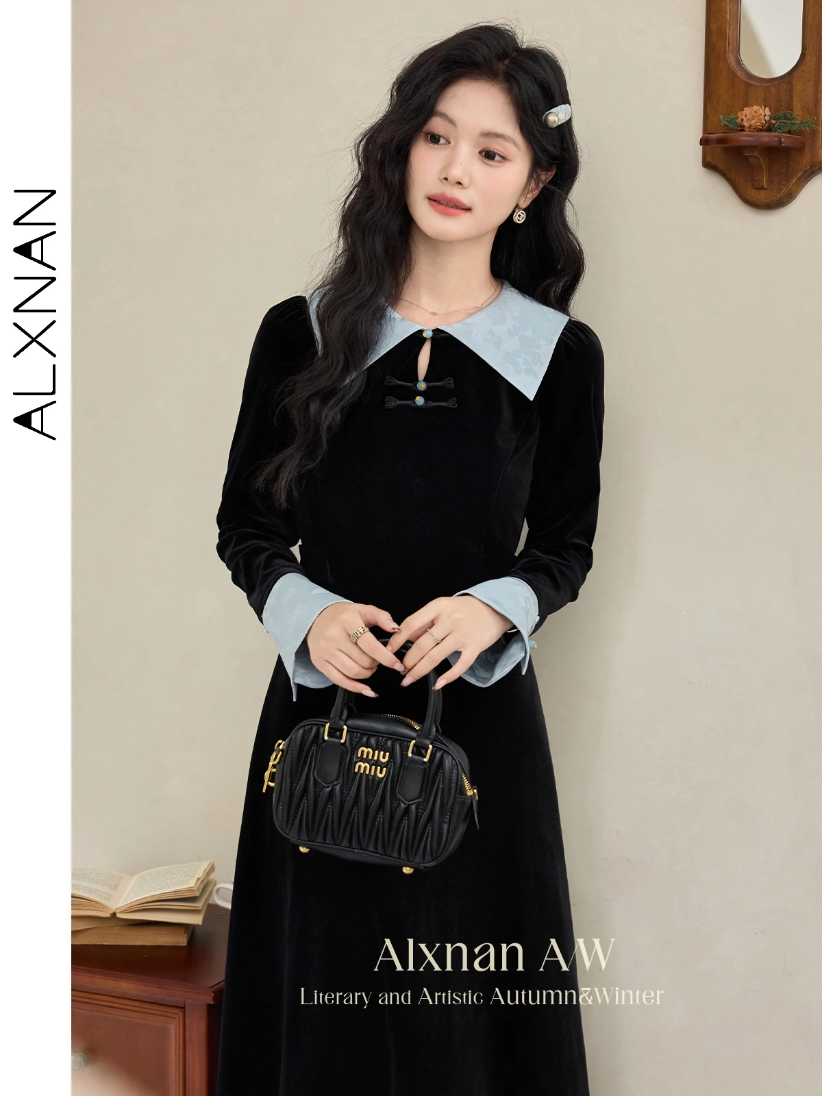 ALXNAN Fluwelen Warme Jurken voor Vrouwen Patchwork Revers Kraag Knoop Knop Lange Mouw Midi Jurk 2024 Winter Slanke Kleding L52212