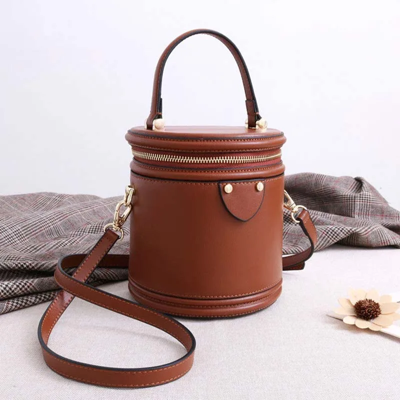 Vintage PU Leather Bucket Box Bags for Women Cylinder Zipper Handbags with Top Handle Ladies Totes Bags Shoulder Messenger Bags