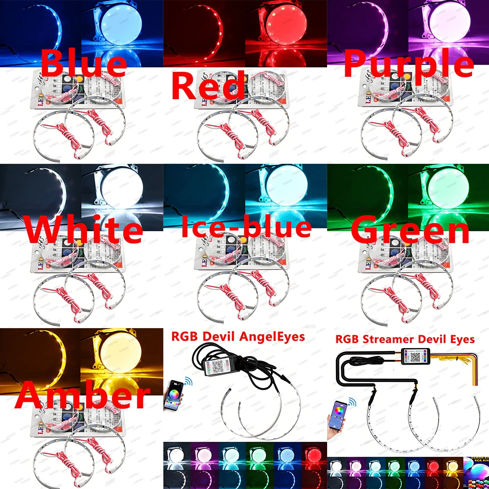 1set Streamer RGB APP Devil Eye Demon Angel Eyes Start Cool White Ring for 2.5-3.0in Car Motorcycle Headlight Decorative Light