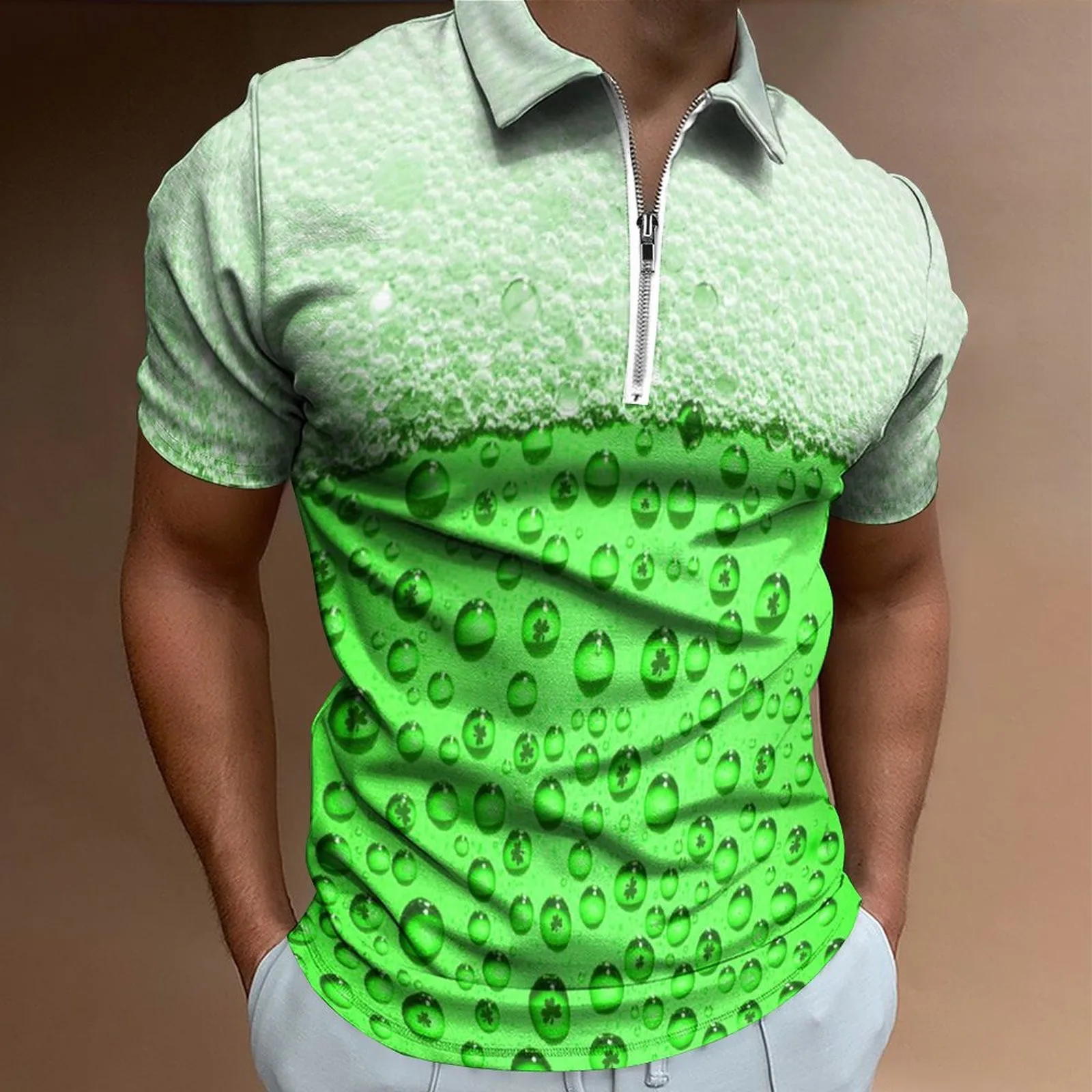 남성용 경량 셔츠, 세인트 패트릭스 데이 패션, 캐주얼 3D 디지털 프린트 라펠 지퍼, 짧은 남성 셔츠, 몸집이 작은 길이 스웻팬츠