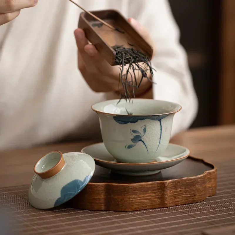 Retro Hand-Painted Gaiwan Tea Cup, Ge Kiln, Single Teaware, Non-Scald, Tea Brewing Bowl, High-End, Household,Master Tea Set