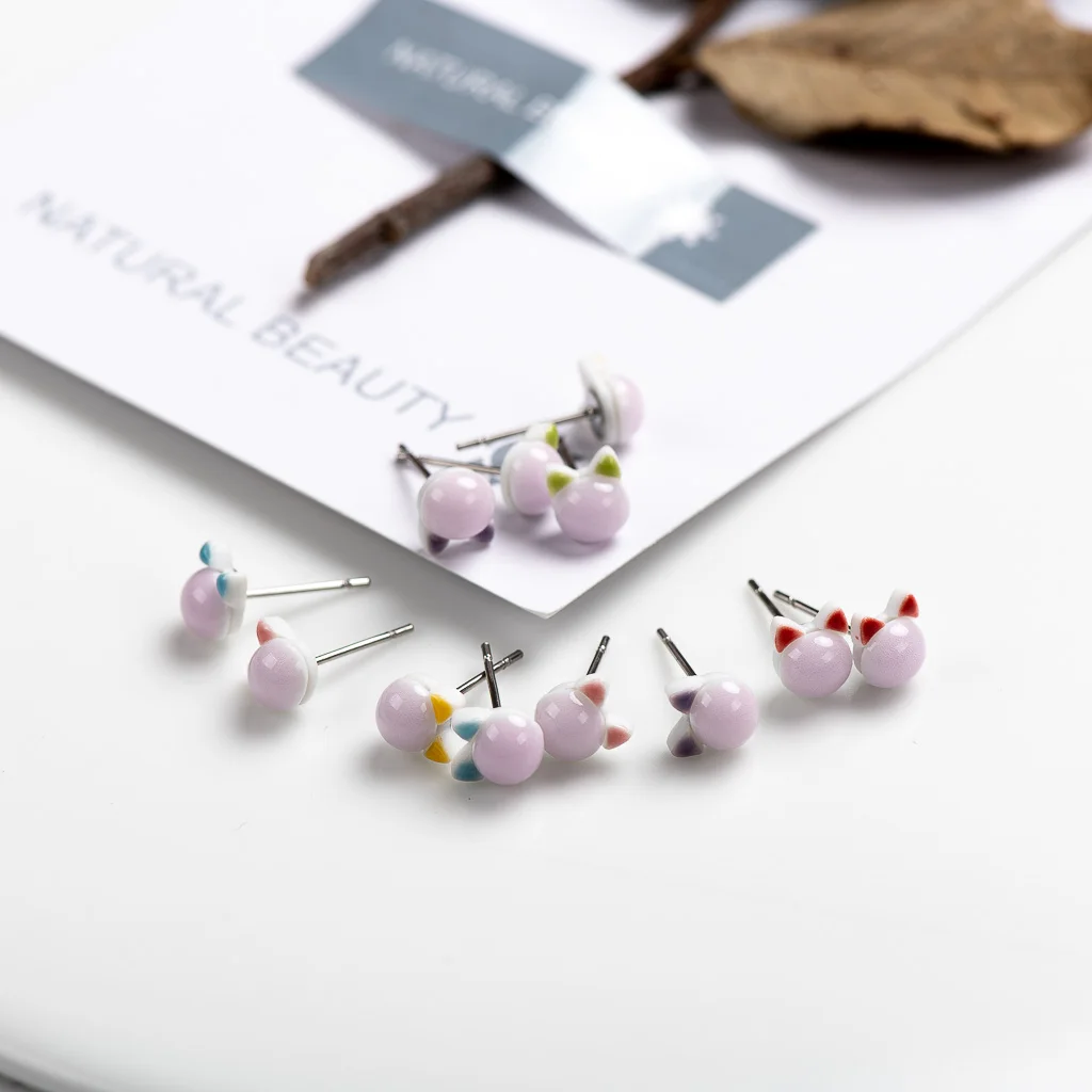 Cute Abstract Kitten Cartoon Animal Ceramic Earrings Fashion Gift Ear Studs Jewelry Wholesale For Women Girl #LY236