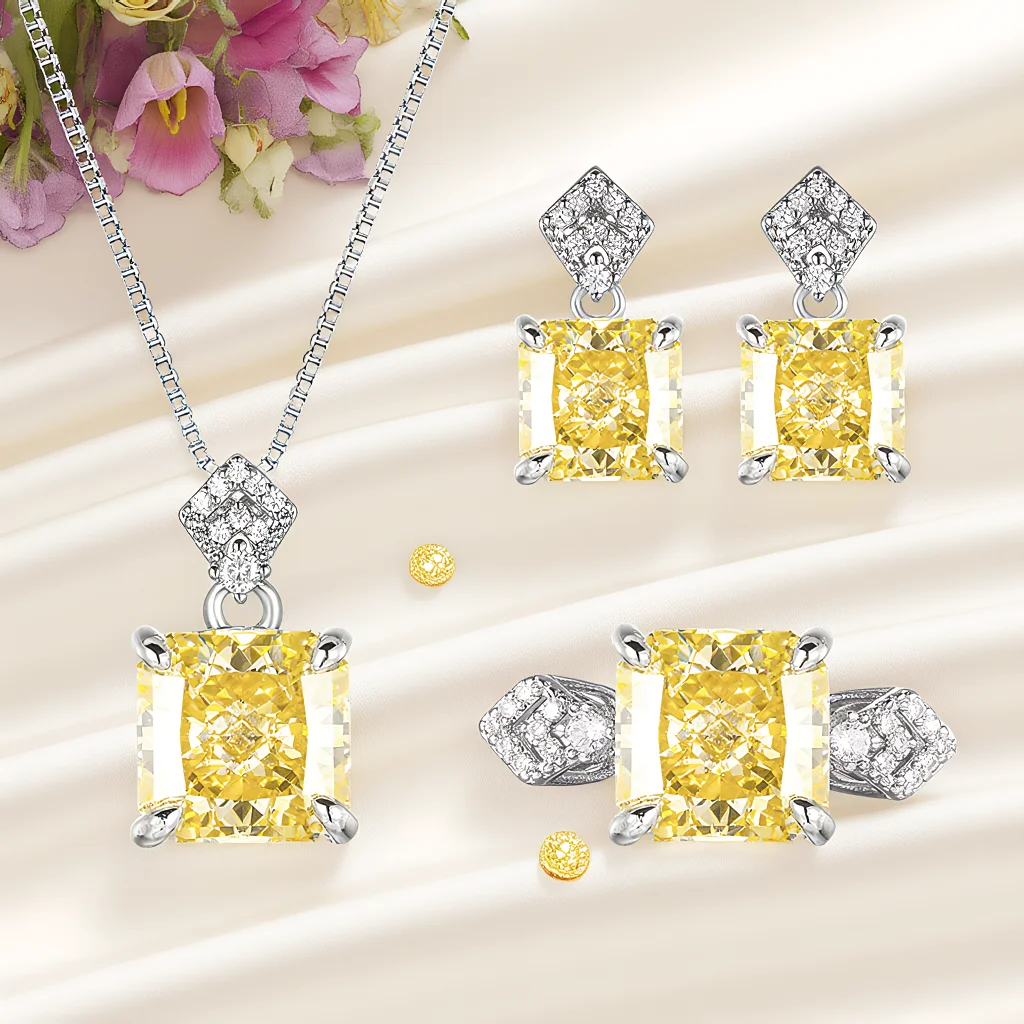 

4pcs Elegant Vintage Jewelry Set for Women Square Yellow Gemstone Necklace Shiny Crystal Choker Bridal Wedding Earrings Party