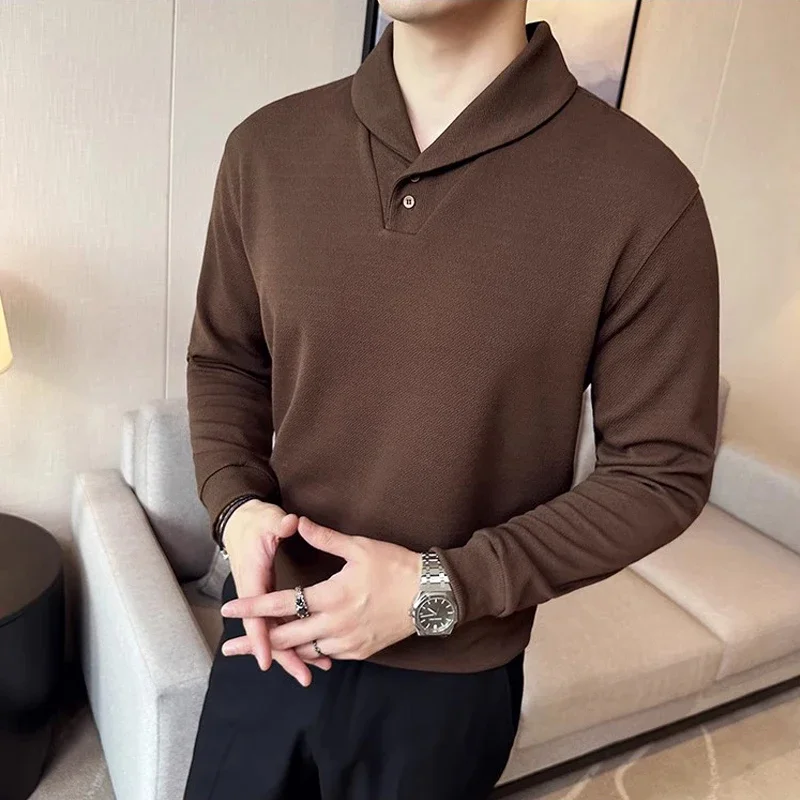 Autumn Thicken Solid Color Cuban Collar Long Sleeve T Shirts for Men Asian Size Korean Style Slim Fit Male Pullover T-shirt Tops