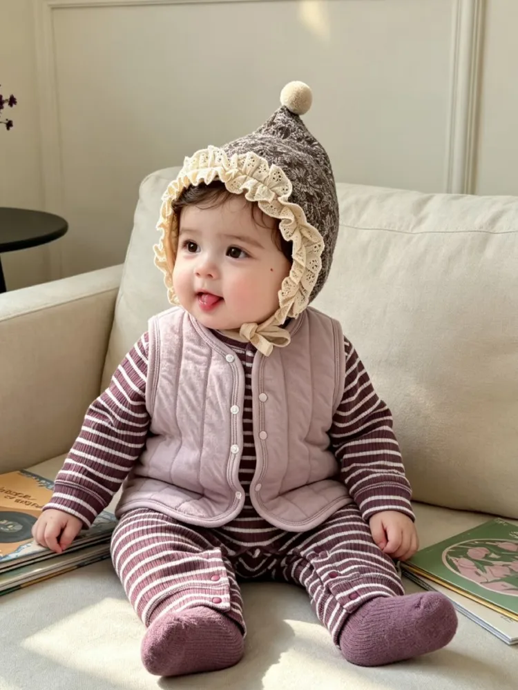 Casual striped baby jumpsuit Class A boneless hoodie crawling clothes baby long sleeve children's button spring autumn jumpsuit