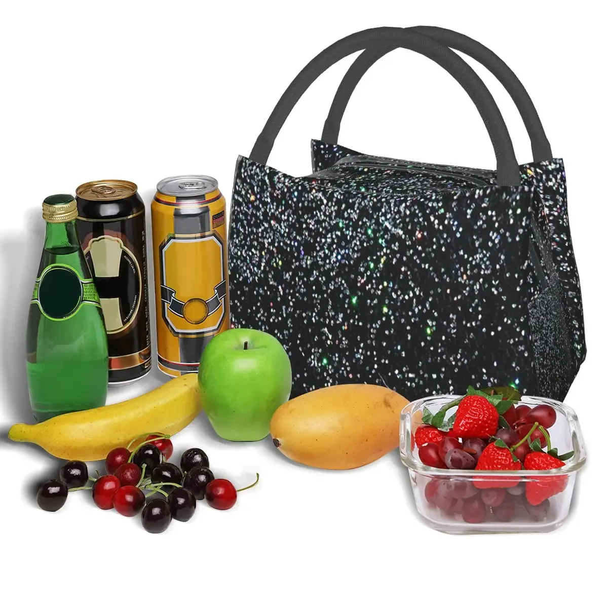 Black Silver Glitter Insulated Lunch Bag for Women Children Portable Food Boxes Thermal Lunch Box Tote