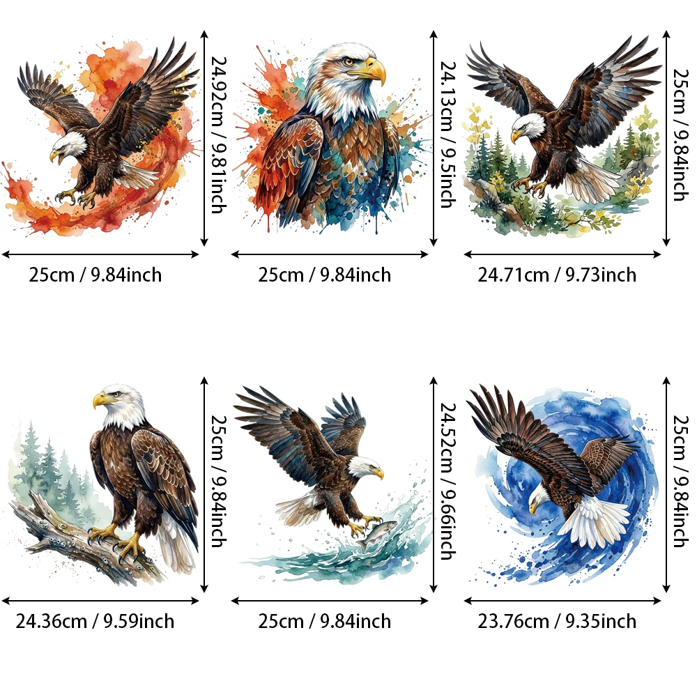 6Pcs Realistic Eagle Vinyl Iron-on Patches, Sporty 2D HTV Stay-Put After Washes, Breathable High-Stretch Abrasion-Resistant