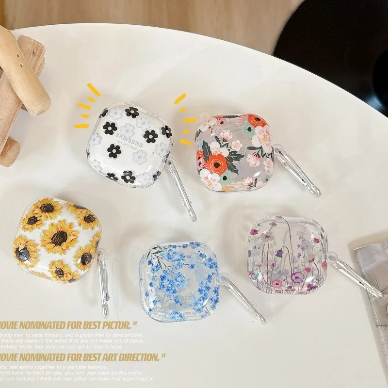 

For Samsung Galaxy Buds Core 2 Pro Live FE Transparent Cute Fresh Graceful Flowers TPU Case Protective Earphone Cover with Hook