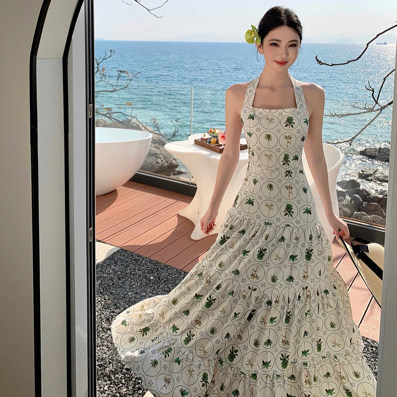 Sleeveless Halter Printed Dress Women Summer Seaside Vacation Backless Long Dresses