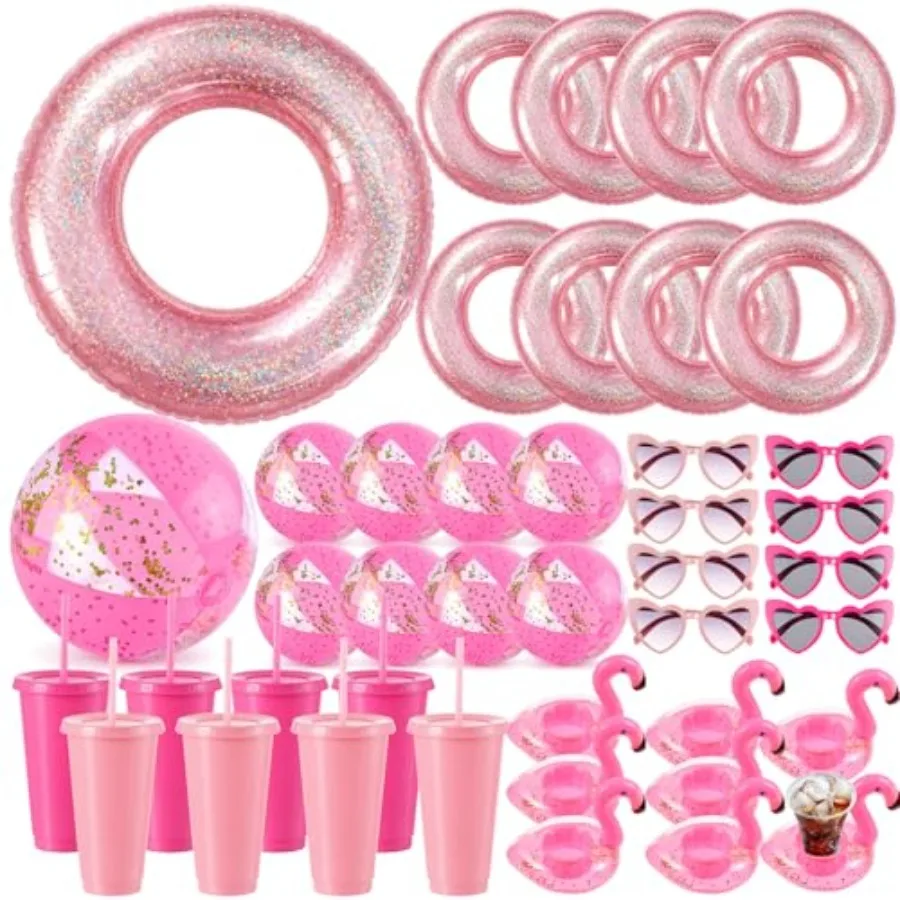 

Bachelorette Pool Party Favors: Pink Inflatable Pool Rings, Beach Balls, Heart Sunglasses, Cups Drink Holders Lightweight Plast