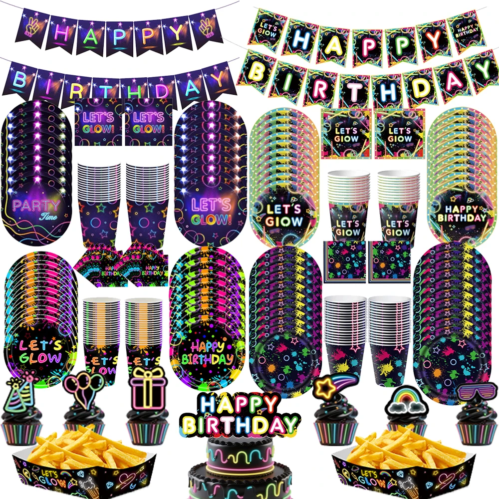 Einweggeschirr-Set mit Neon-Thema, Papier-Snack-Tabletts, Tischdecken, alles Gute zum Geburtstag, Banner, Kindergeburtstag, Glühen, Party-Dekoration, Zubehör