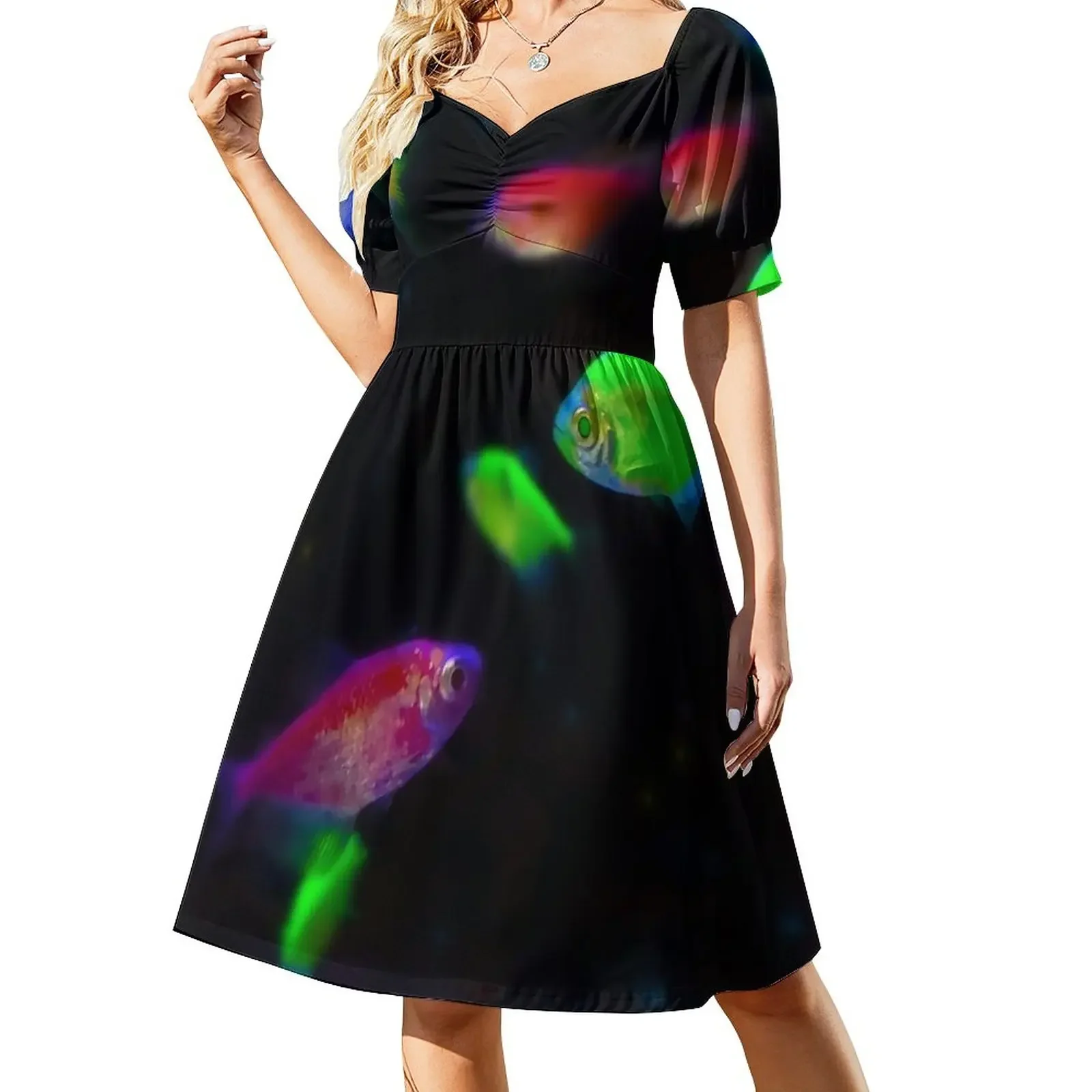 Neon Long-Fin Tetra Fish - Natação em Água Negra Escuro Vestido de Manga Curta vestido feminino vestido de baile de verão 2025