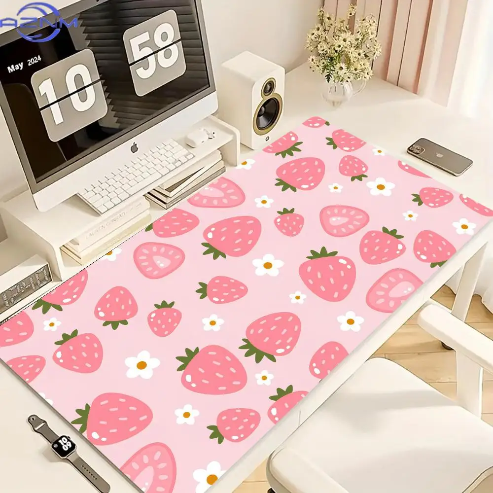 Strawberry Desk Mat  Mousepad Pink Cute Milk Sakura Cherry Blossom Pattern Pastel Aesthetic Deskmat XXL Gaming Mouse Pads