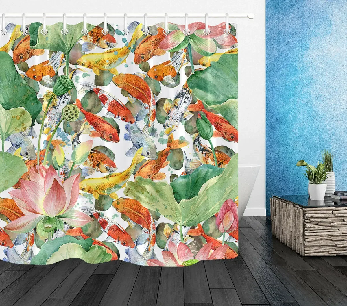 

Polyester Fabric Watercolor Lotus Koi Pond Shower Curtain Liner Bathroom Hooks