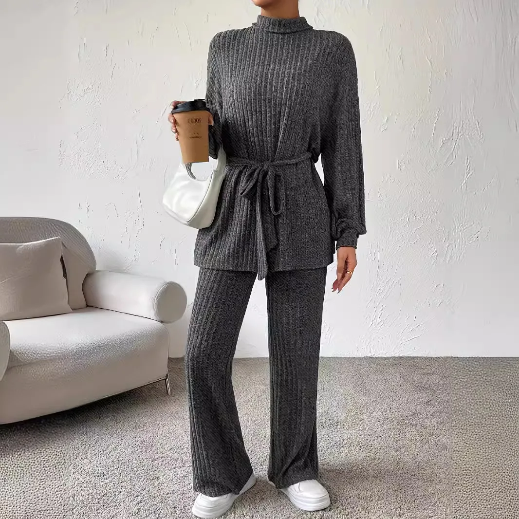 

Women Knitting Suit Pullover Top Straight Pants 2 Piece Sets Lace Up Knitted Ensemble Autumn Winter Knitwear Trousers Outfits