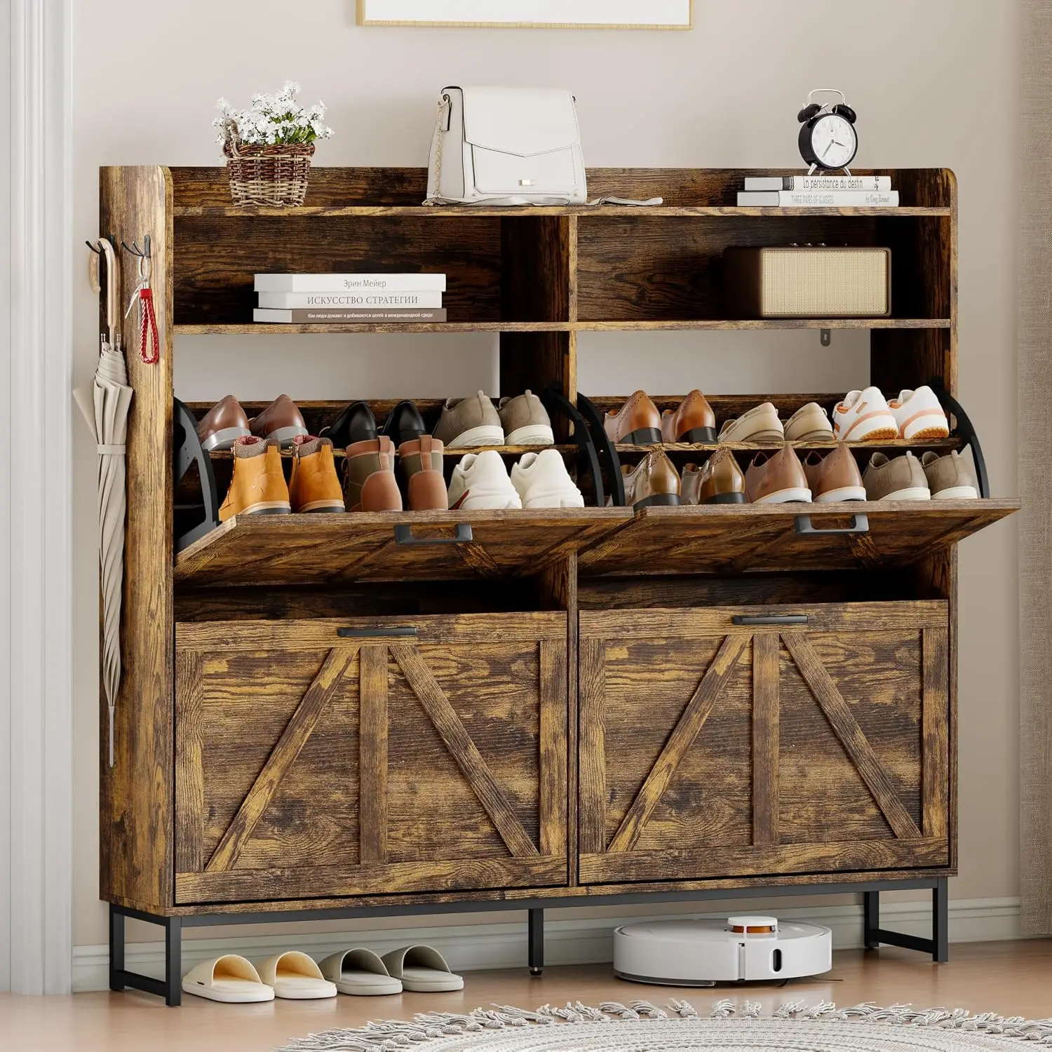Shoe Cabinet 4 Flip Drawers Narrow Rack Metal Legs Adjustable Shelves Open Storage Entryway Foyer Hallway, Customized