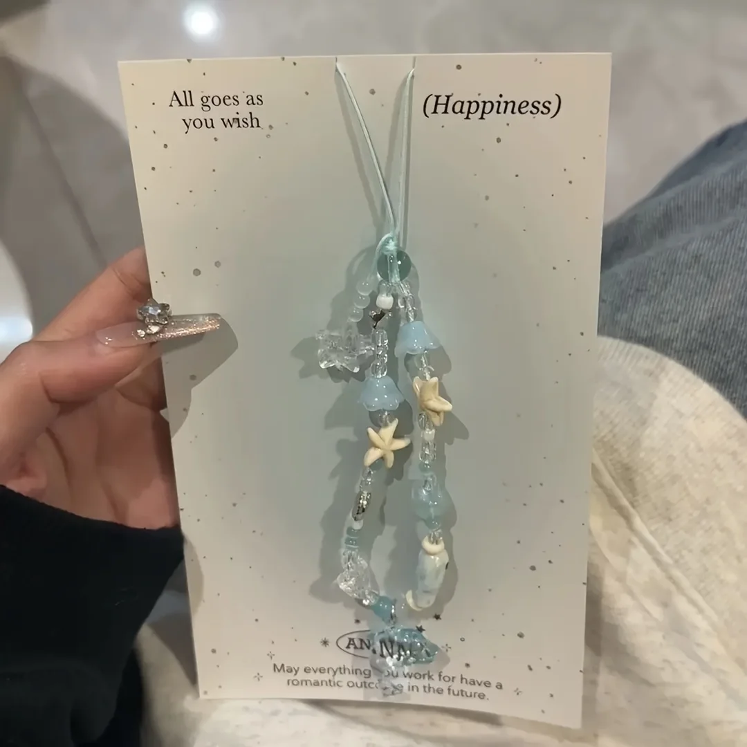 

Summer Cartoon Ocean Style Mobile Phone Chain, Phone Hanging Rope, Keychain, Mobile Hanging Chain - Light Blue and White Design