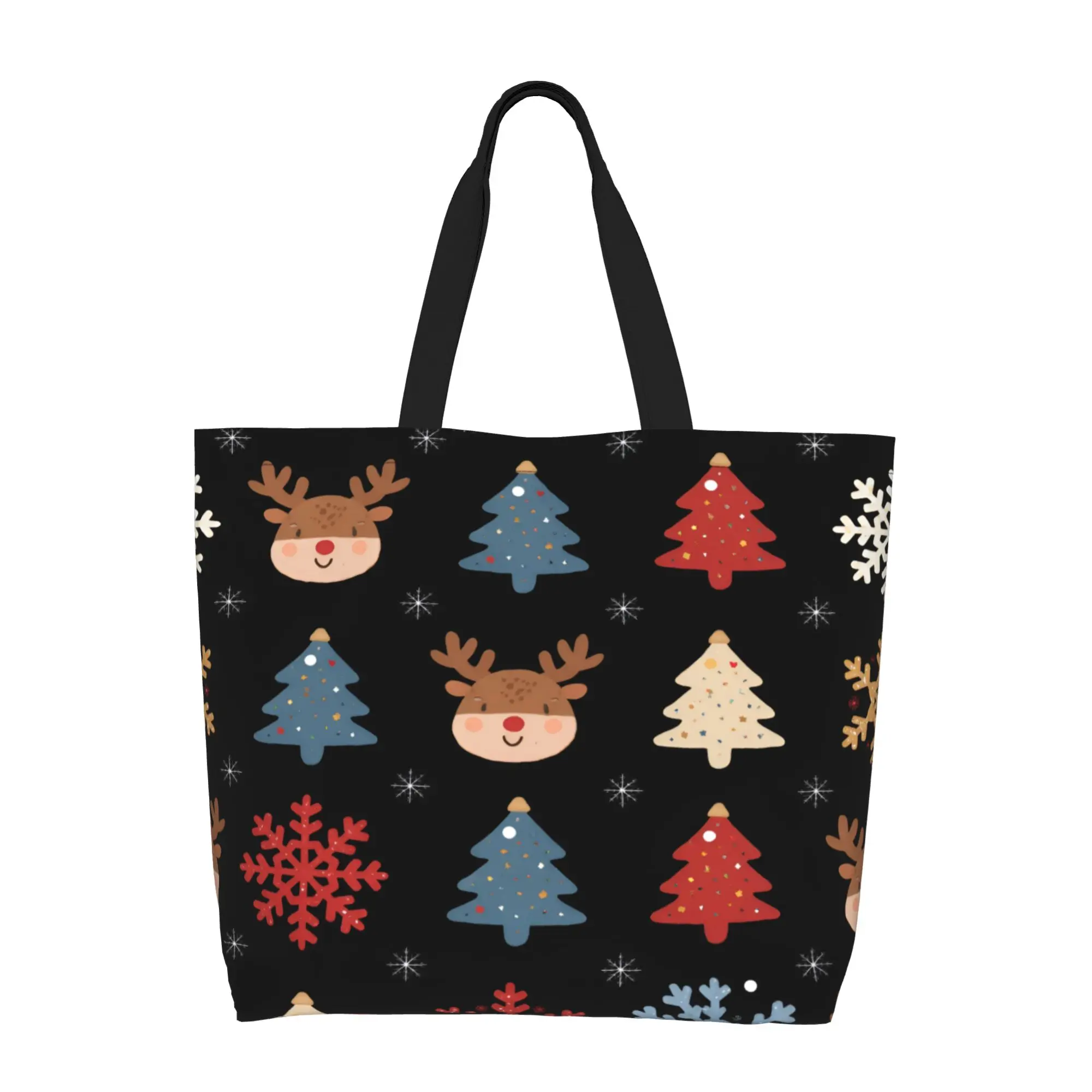 Christmas Print Large Tote Bag for Women, Holiday Shopping Bag with Reindeer Snowflake Design
