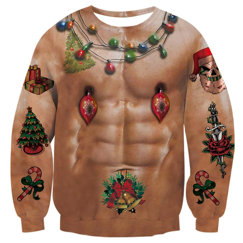 Christmas Muscle Chest Sexy Boobs Sweatshirt Men Women Ugly Sweater Party Funny Graphic Sweatshirts Pullover Hoodies Tops Outfit