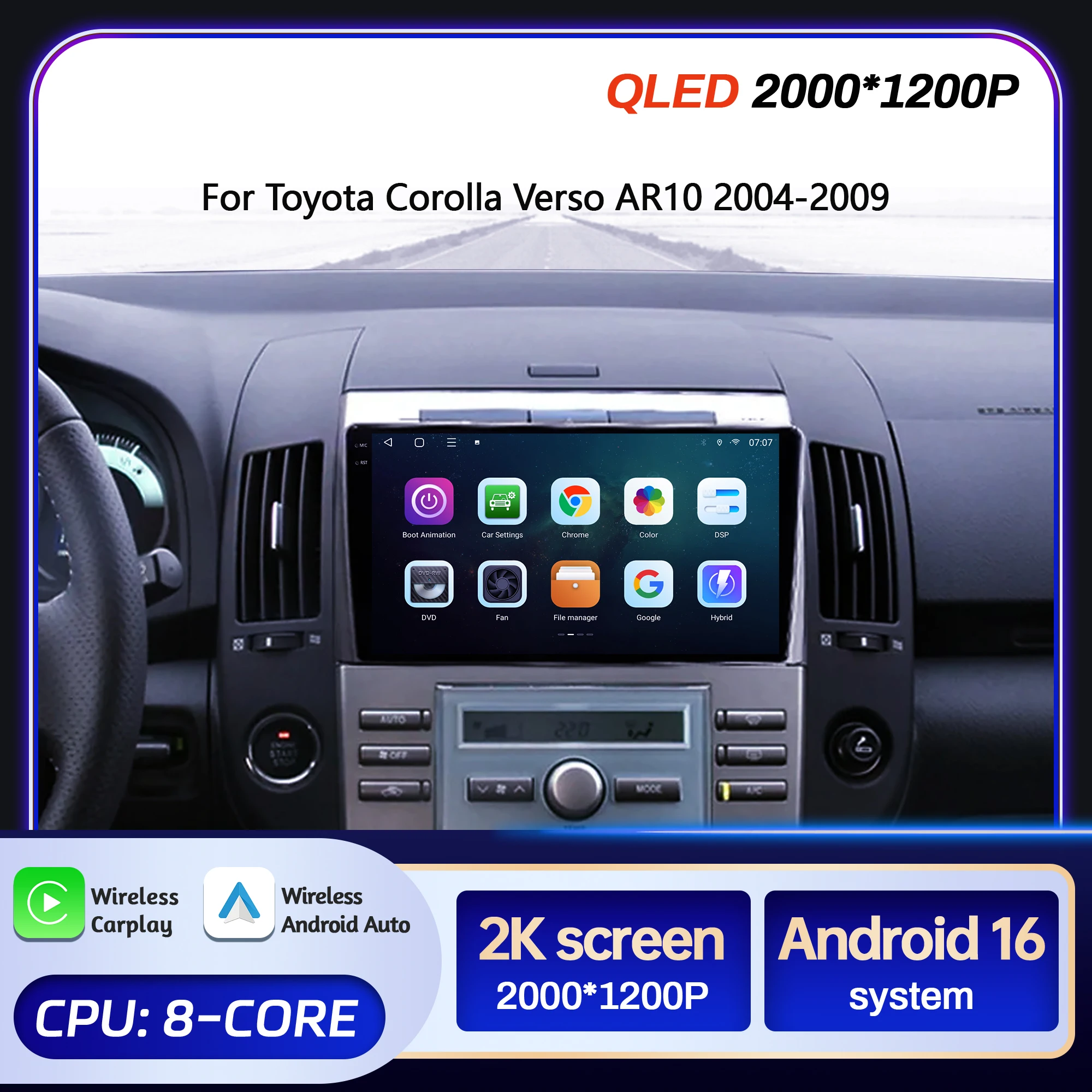 

9 inch Car Radio For Toyota Corolla Verso AR10 2004-2009 BT Carplay Android 16 Multimedia Navigation Head Unit 2K QLED Screen