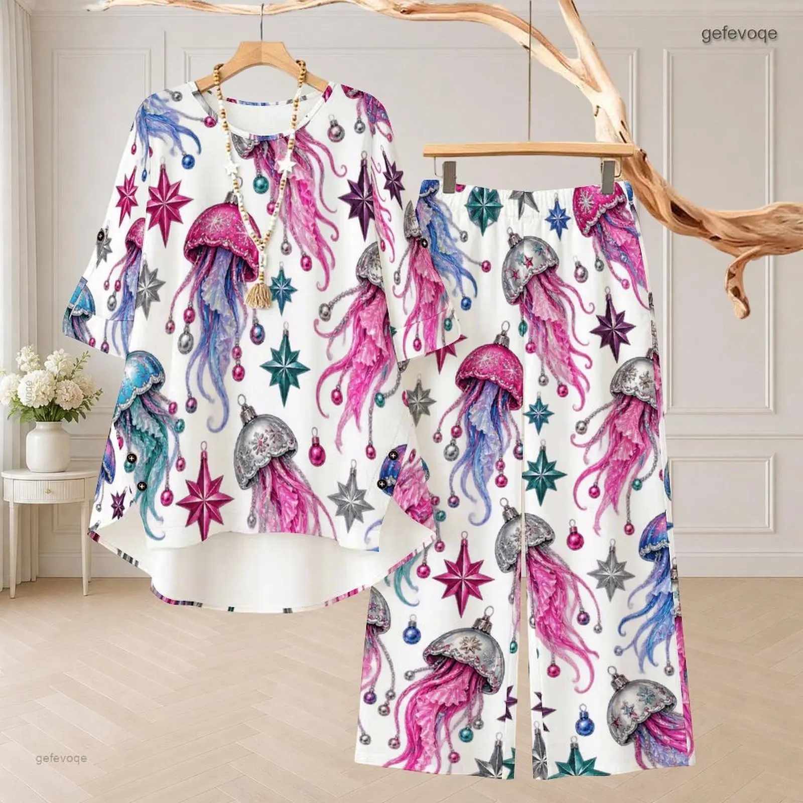 Women Printed Round Neck 3/4 Sleeve High Low Top and Long Pants Jellyfish Star Pattern Two Piece Set