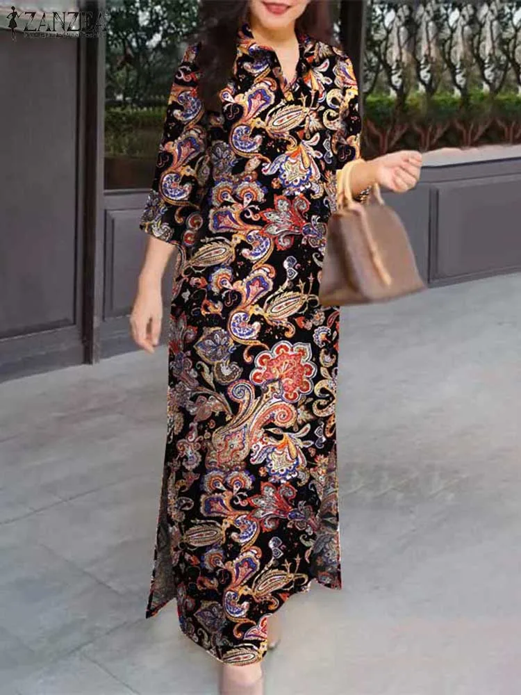 ZANZEA Spring Floral Printed Sundress Stylish Women Long Shirt Dress Casual Fashion Lapel Neck Work Vestidos Femme Holiday Robe