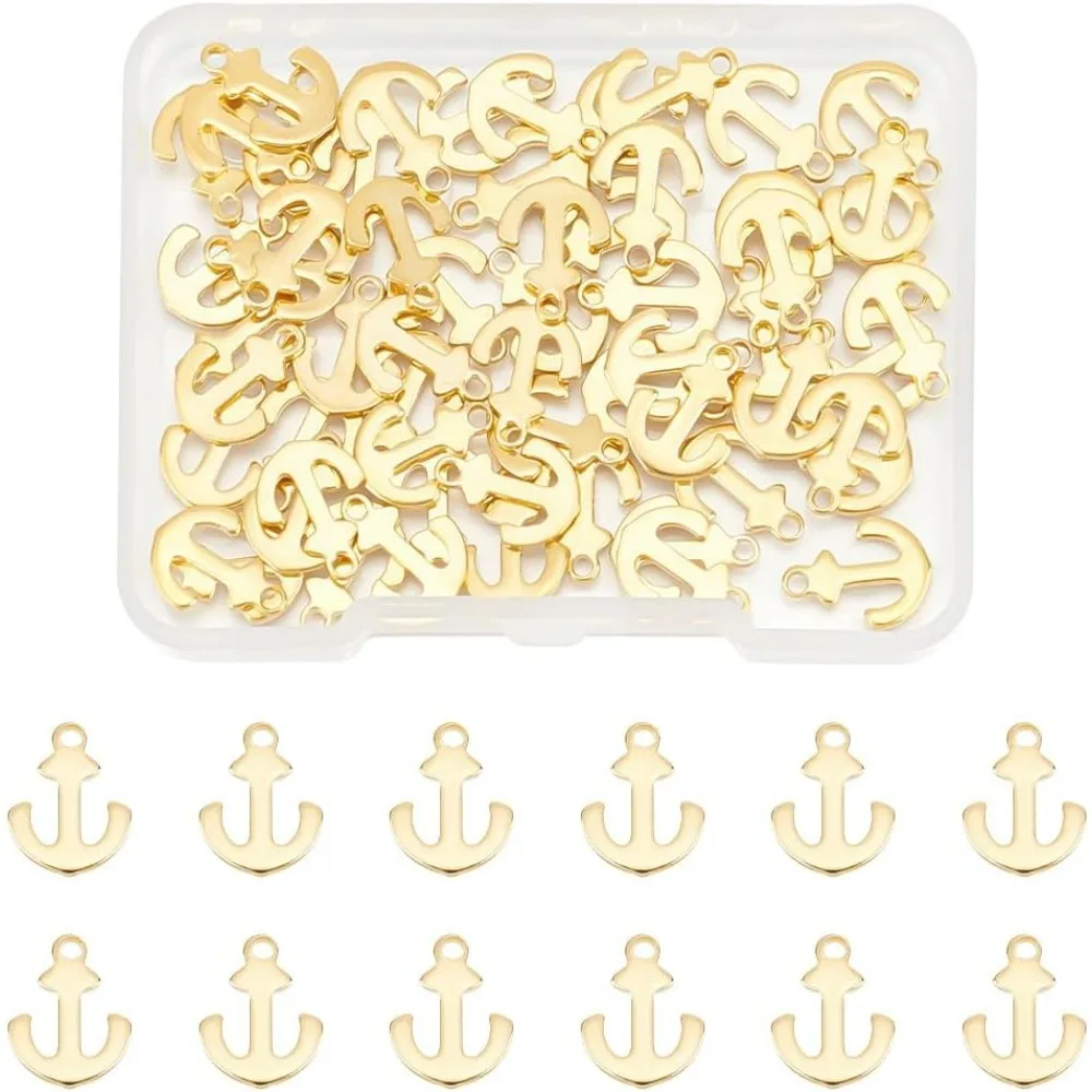 60Pcs Real 18K Plated Anchor Charms Stainless Steel Nautical Charms Anchor Ship Sign Naval Voyager Pendant Metal Sailor kit