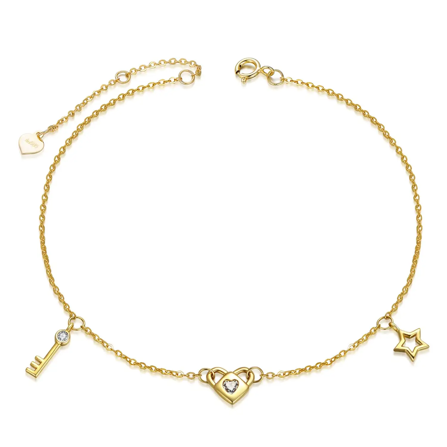 

YFN 14K Real Gold Heart Dangle Bracelet for Women Yellow Gold Concentric Lock Key Bracelets Moissanite Star Bracelets