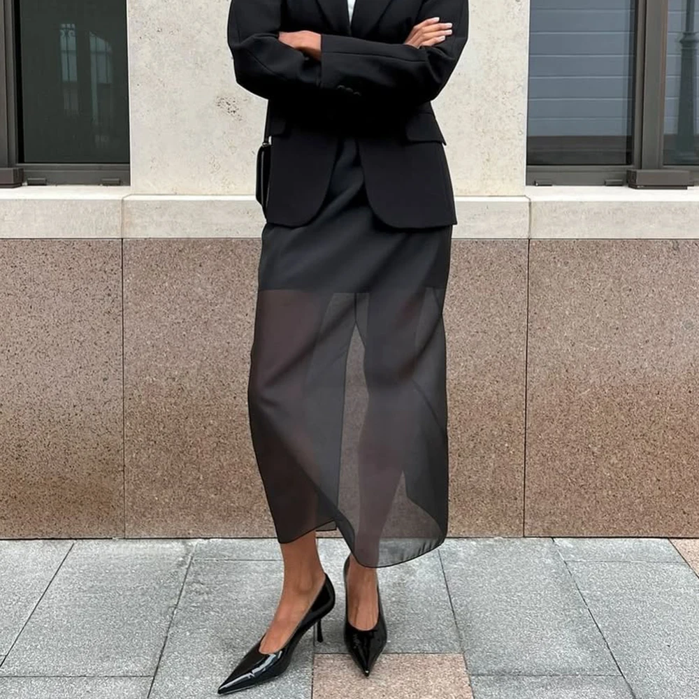 Black Mesh Skirt Women's Sexy Perspective High Waist Slit Hip Cover Skirt Summer Fashion Casual Office Lady Skirt