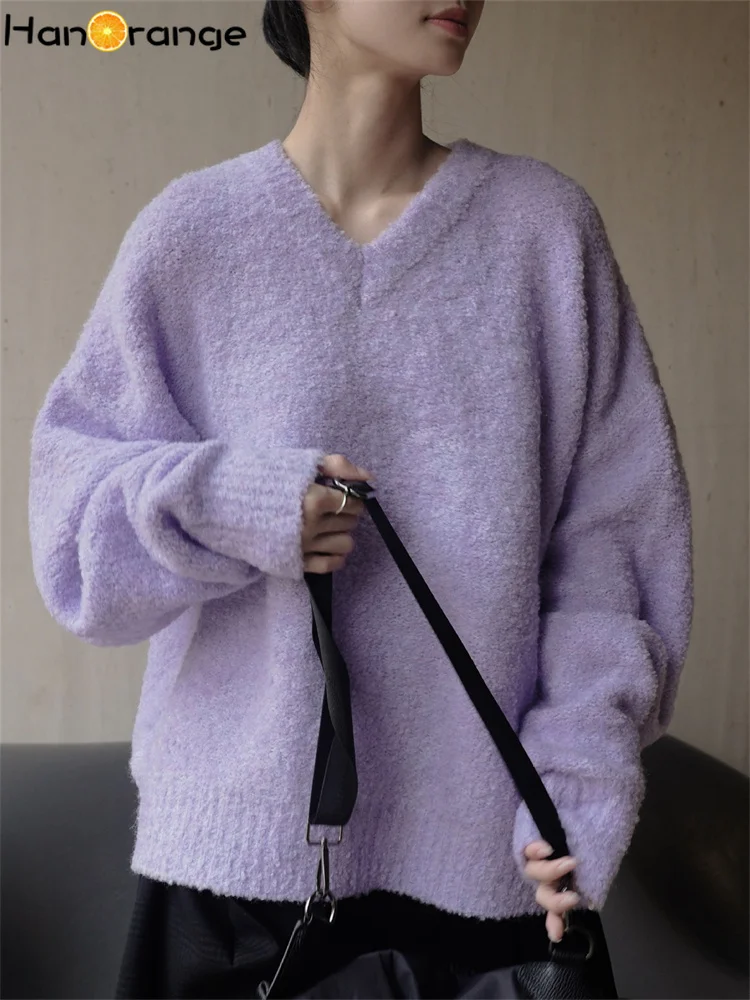 HanOrange 2024 Winter Lazy Sweater Women V-neck Loop Yarn Loose Silhouette Soft Warm Top Female Purple/Coffee