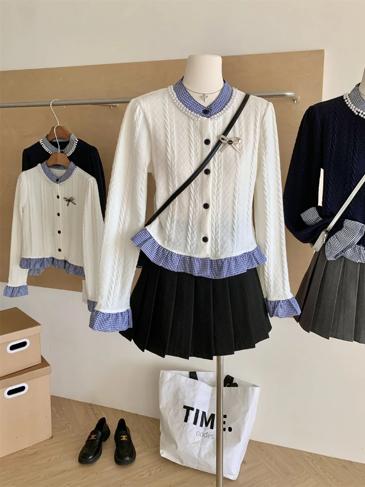 الحلو Preppy أعلى المرأة الخريف الشتاء القوس وهمية قطعتين اللون كتلة متماسكة سترة التلبيب زر تصميم الرجعية شيك أنيق الزي