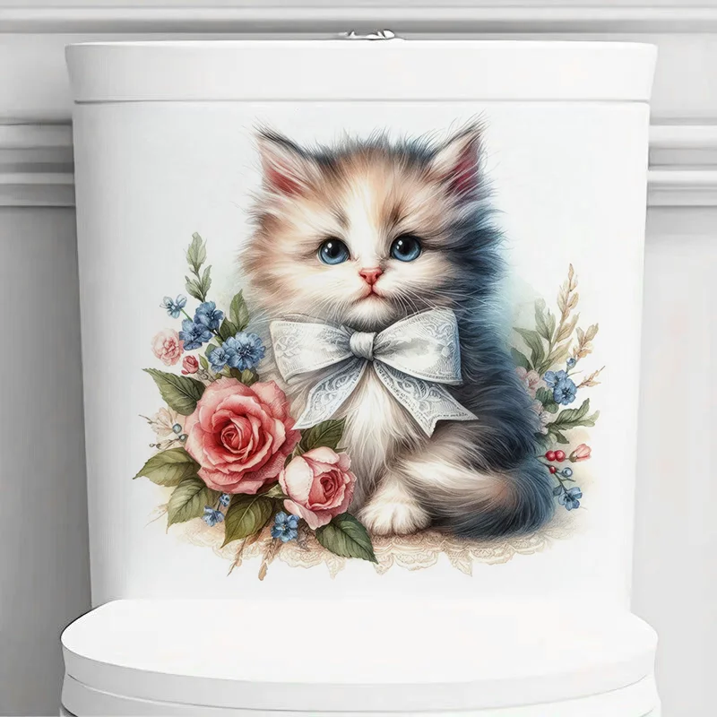 

C1222# Cute Cat with Flowers Toilet Stickers, Bright Wall for Home, Cabinet, Door,Decoration, Vinyl Car Decals, Art Wallpaper