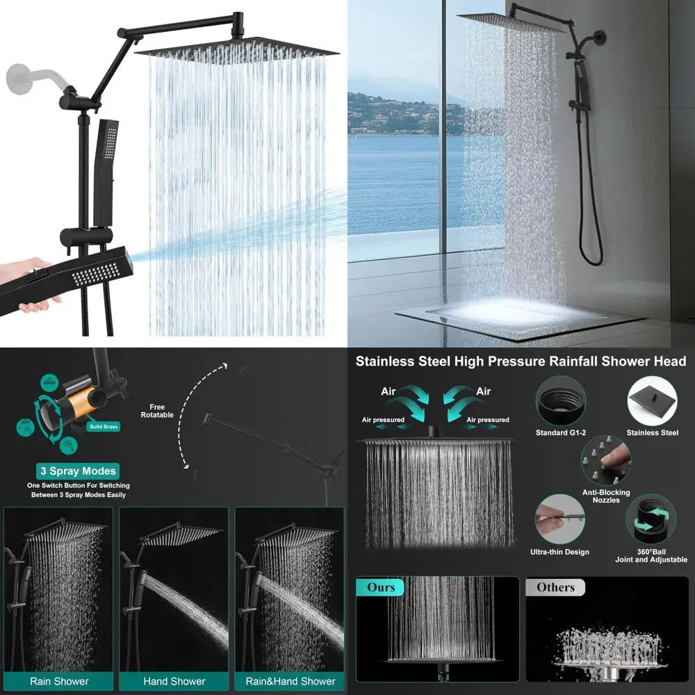

10-дюймовая металлическая насадка для тропического душа с ручным распылением, квадратный комбинированный душ-водопад высокого давления с регулируемым 16 дюймов