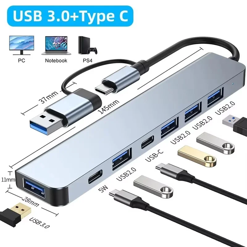 7 Ports USB 3.0 Type C Extender Hub 7-In-1 USB Splitter Docking Station U Disk TF SD Card Reader For MacBook Laptops PC Computer