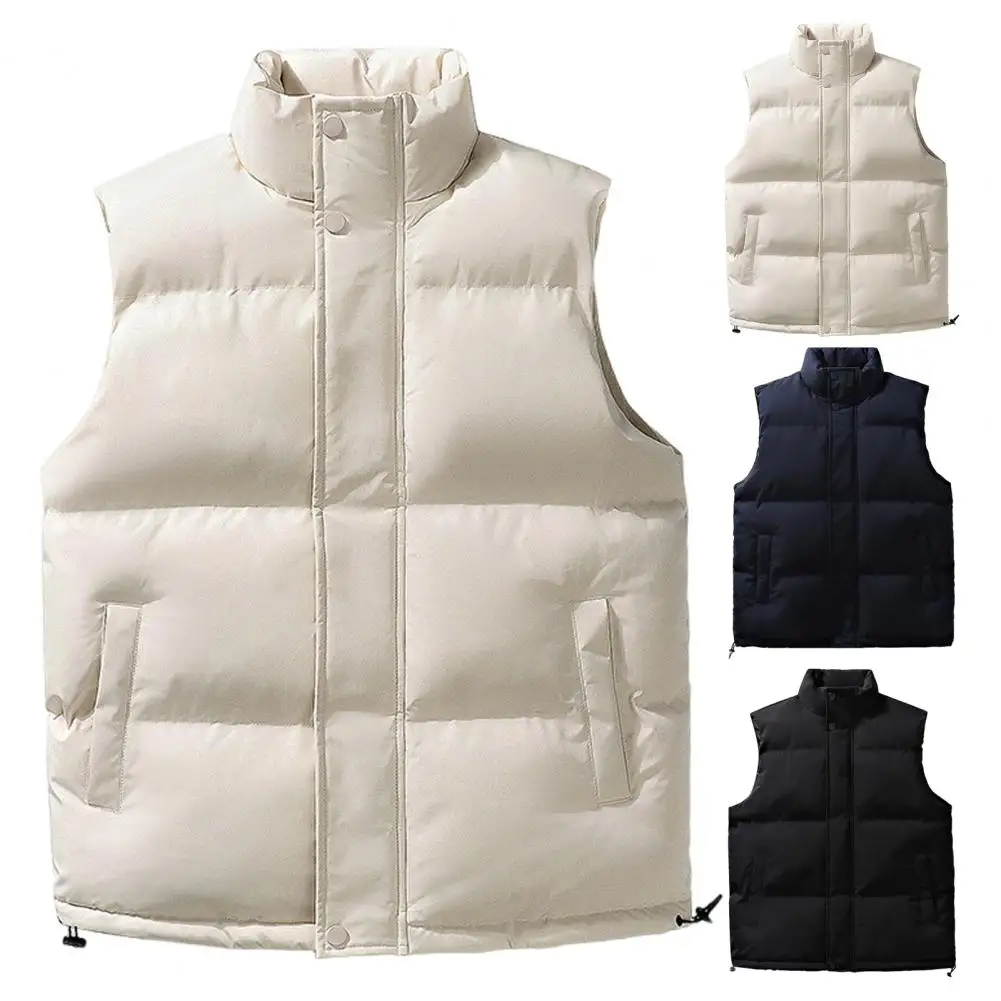 Men Vest Coat Men's Stand Collar Vest Coat with Zipper Closure Pockets Adjustable Hem Solid Color Waistcoat for Stylish Layering