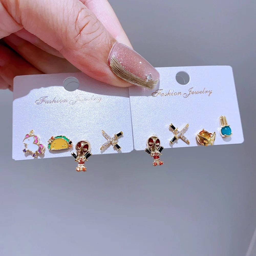 4pcs/set Mix and Match Cool Cartoon Stud Earrings Gold Color Plated Cubic Zirconia Women Party Jewelry