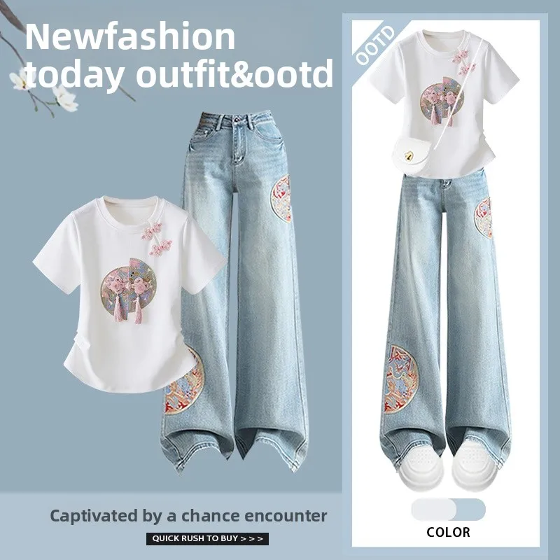 Nuevo verano chino Sle mujer Faion Set camiseta bordado Denim Jeans conjunto de dos piezas tendencia nacional redondo Ne ort Sl...