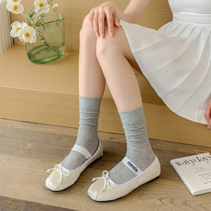 Women Socks Lolita Sweet Girls Middle Tube Socks Hollow Out Mesh Thin Breathable Solid Color Black White Gray Loose Long Socks