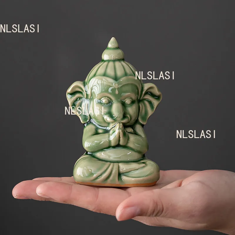 Green Glazed Elephant Tea Pet Ceramic Handicrafts Ornaments Desktop Decoration Household Wealth Acquisition Tea Playing