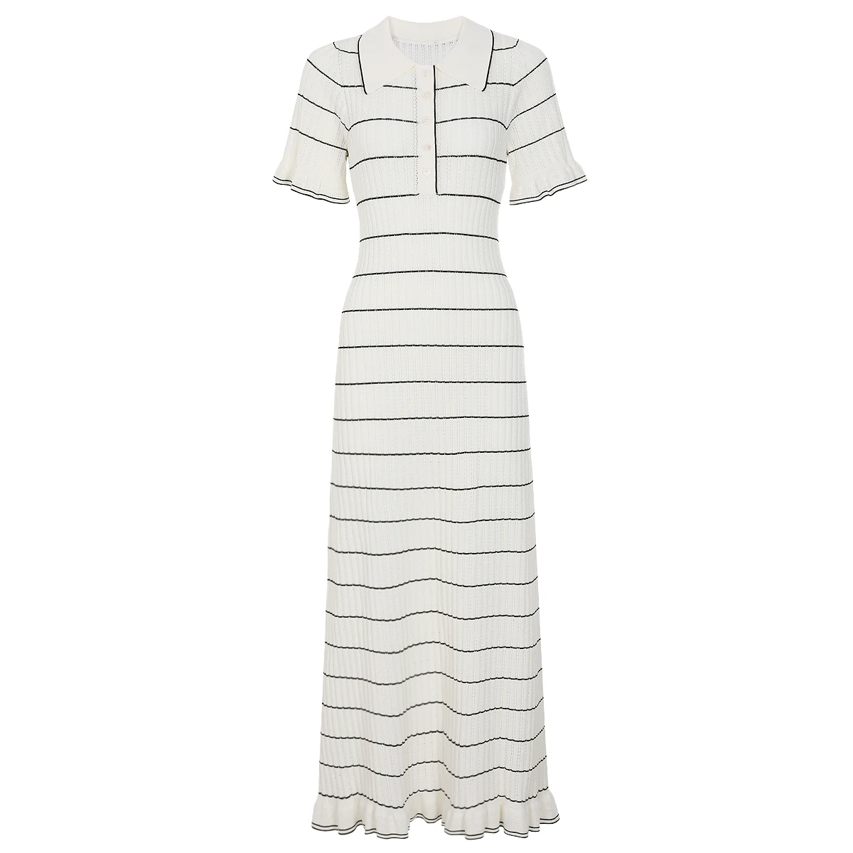 High Quality Summer New Popular Slim Fit Lapel Short Sleeved Striped Elastic Knitted Women's Dress