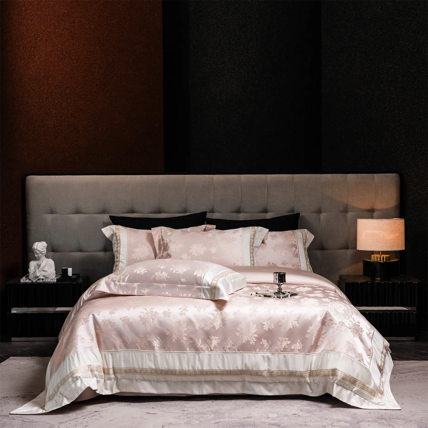 3D Flowers Relief Jacquard Egyptian Cotton Embroidery Luxury Bedding Set Duvet Cover Bed Sheet/Fitted Sheet Pillowcases 4Pcs