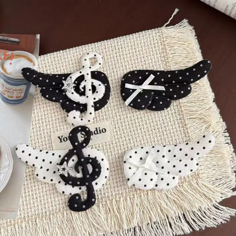 New1Pair Cute Wing Polka Dot White Black Angels Hair Clips For Girls Sweet Korean Subculture Headwear Gift