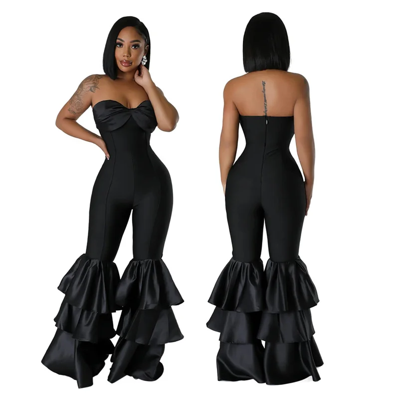 Elegant Sleeveless Backless Jumpsuit Women Nightclub Party Black Strapless Patchwork Ruffles Wide Leg Rompers One Piece Overalls