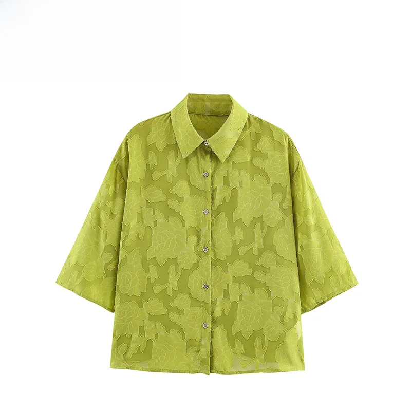 

Faionable Versatile ZR Women's irt Floral Cutout Design Loose Fit Polyester Fabric Seven Sve Length Collared Neline