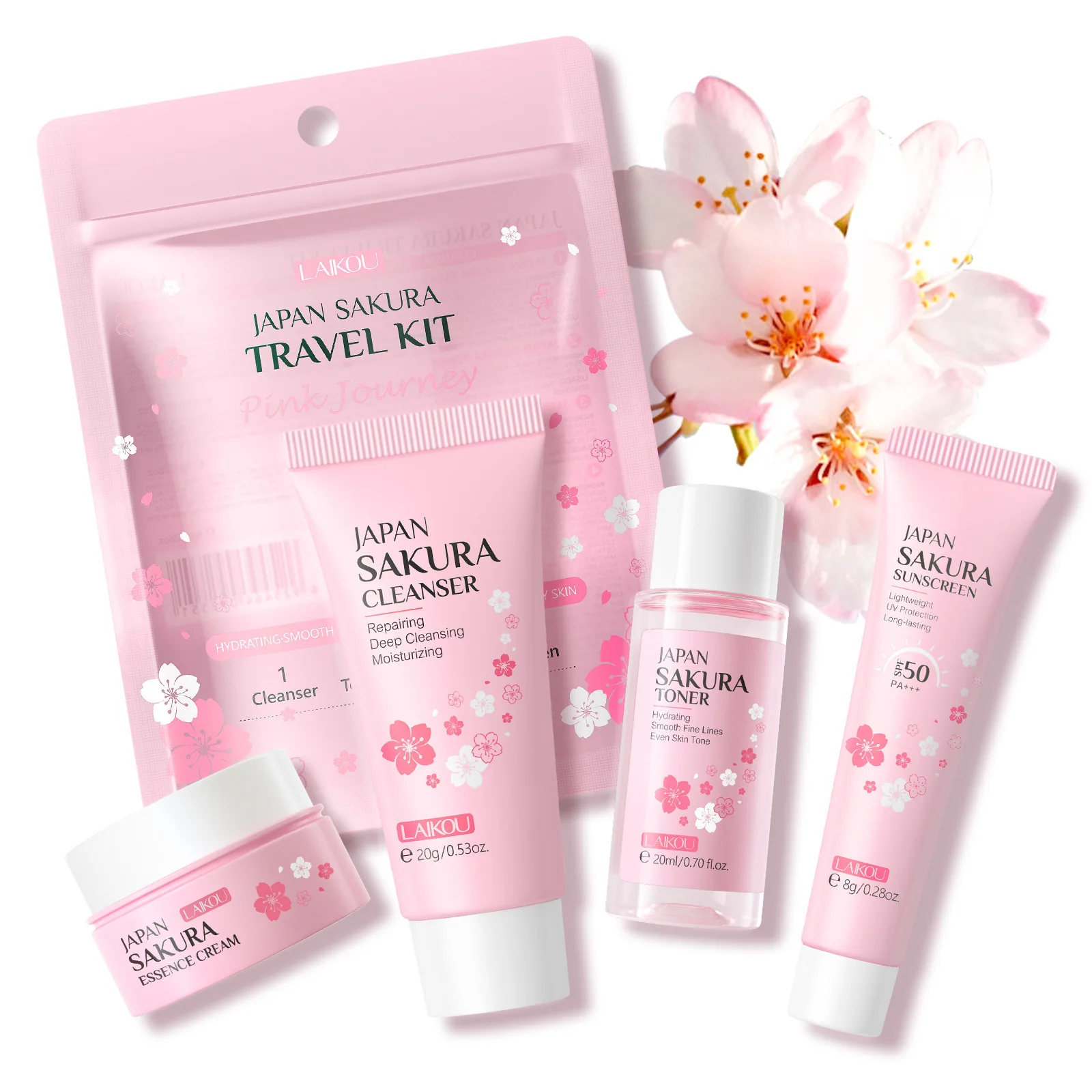 LAIKOU 4pcs Sakura Skin Care Sets Facial Cleanser Face Cream Toner Sunscreen Repairing Moisturizing Smoothing Face Care Suit