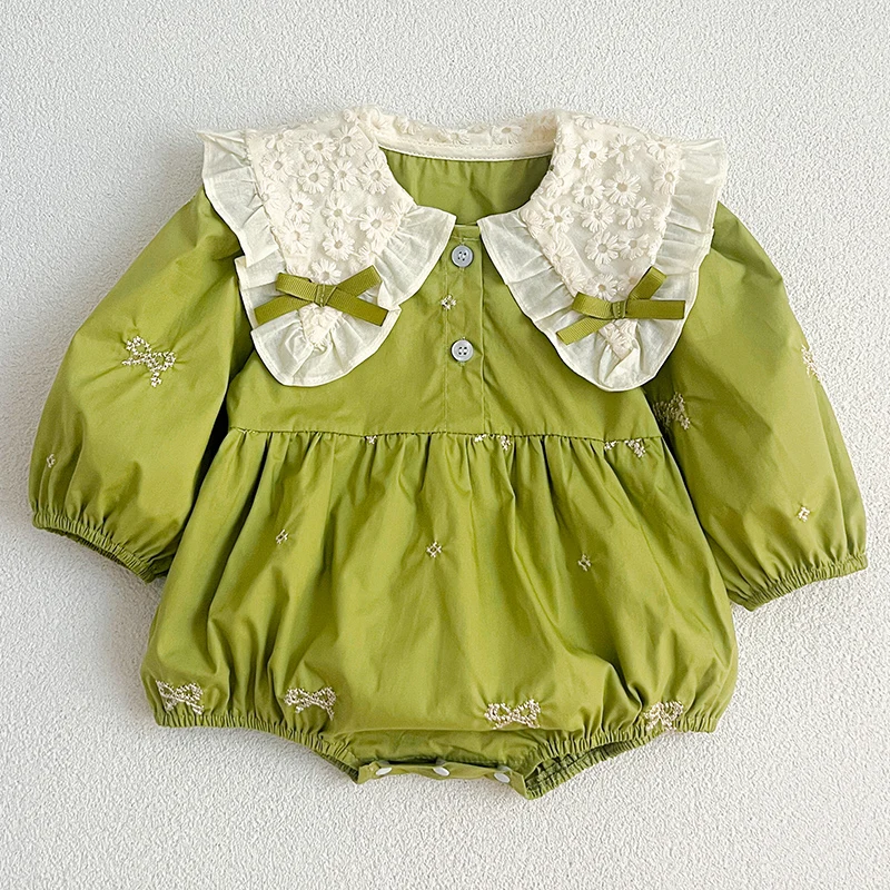 

Autumn Infant Baby Girls Romper Newborn Embroidered Bow Long Sleeve Cotton Rompers Lace Kids Baby Jumpsuit Playsuit Baby Clothes