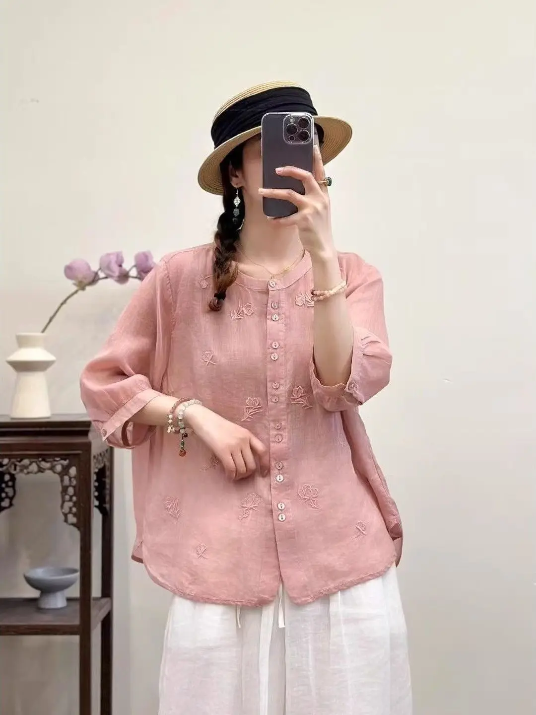 

2026 New Casual Cotton Linen Embroidered Shirt Women Loose Seven-Quarter Sleeve round Neck Pure Color Anti-Aging Top
