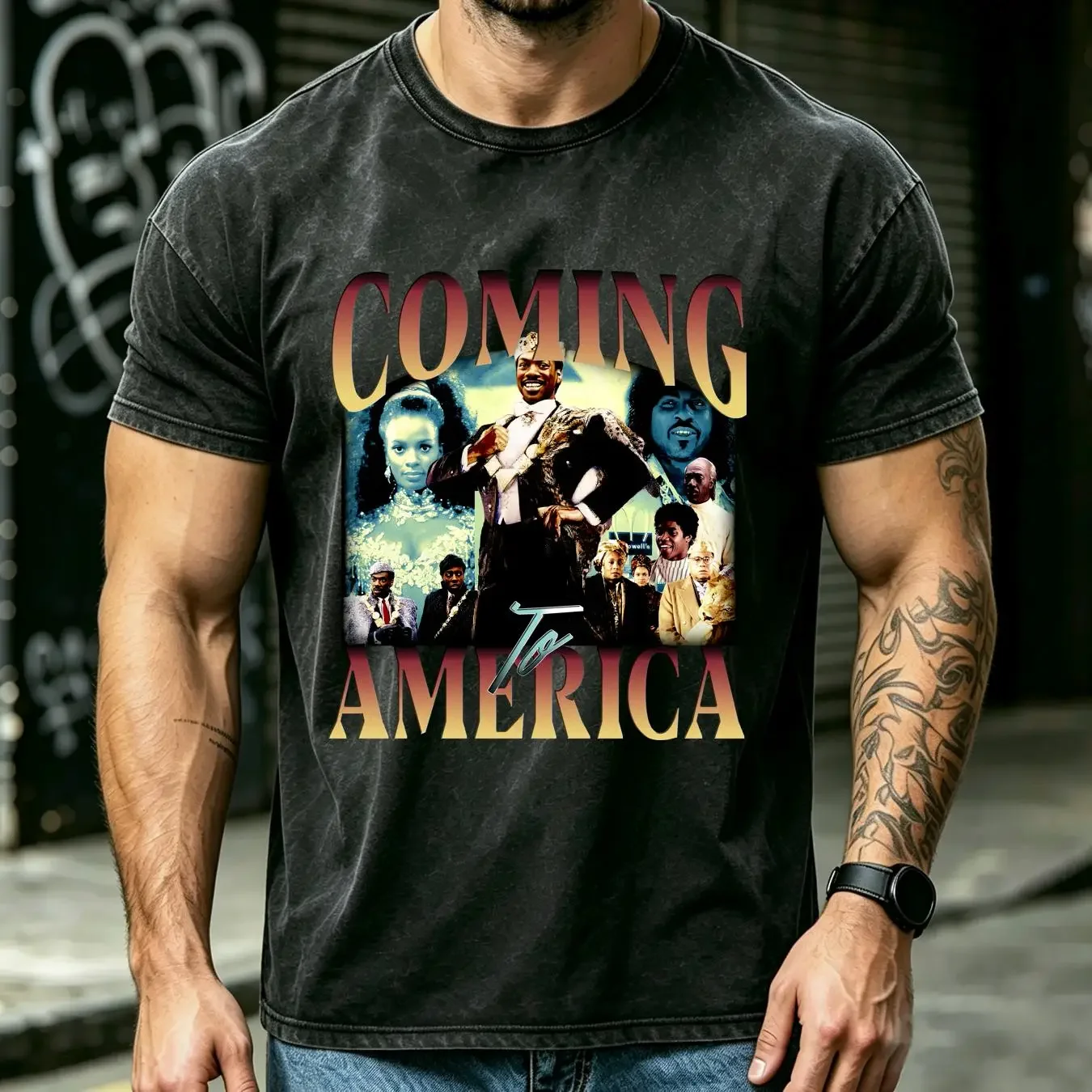 washed T Shirt Coming To America Movie Bootleg 80's Vintage 90's Style Oversized Black Eddie Murphy long or short sleeves