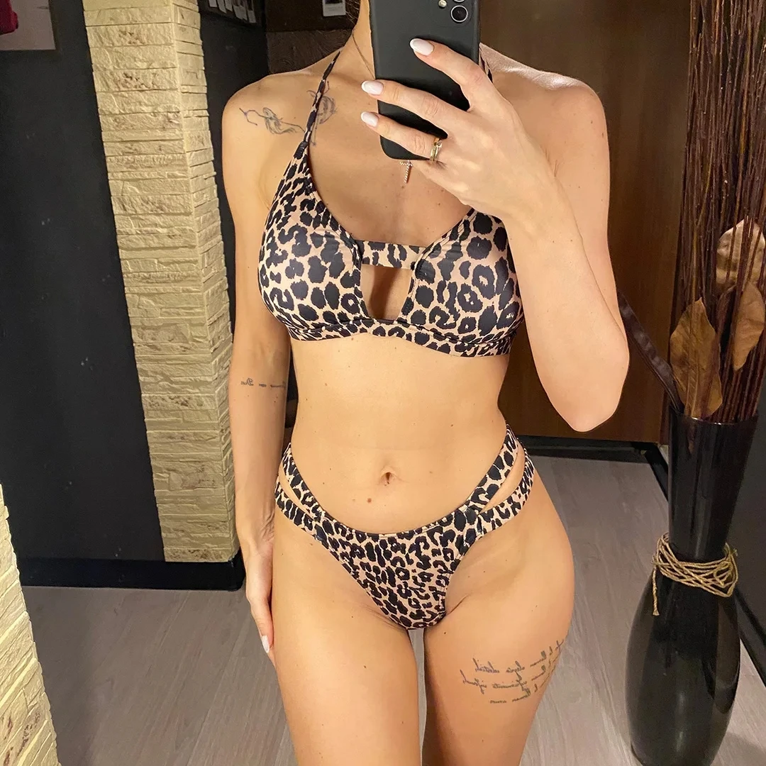 Biquíni leopardo halter de tiras sexy feminino, maiô feminino, conjunto de duas peças, maiô acolchoado, roupa de banho, 2022